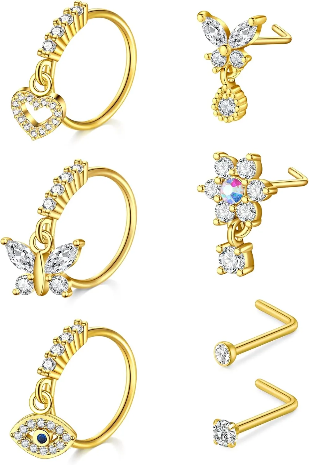 Anicina 20g 22g Nose Rings Studs Surgical Stainless Steel Nose Rings Hoops L Bone Screw Shape Nostril Nose Piercing Jewelry Heart Flower Moon Snake Butterfly Hypoallergenic Nose Screw for Women Men