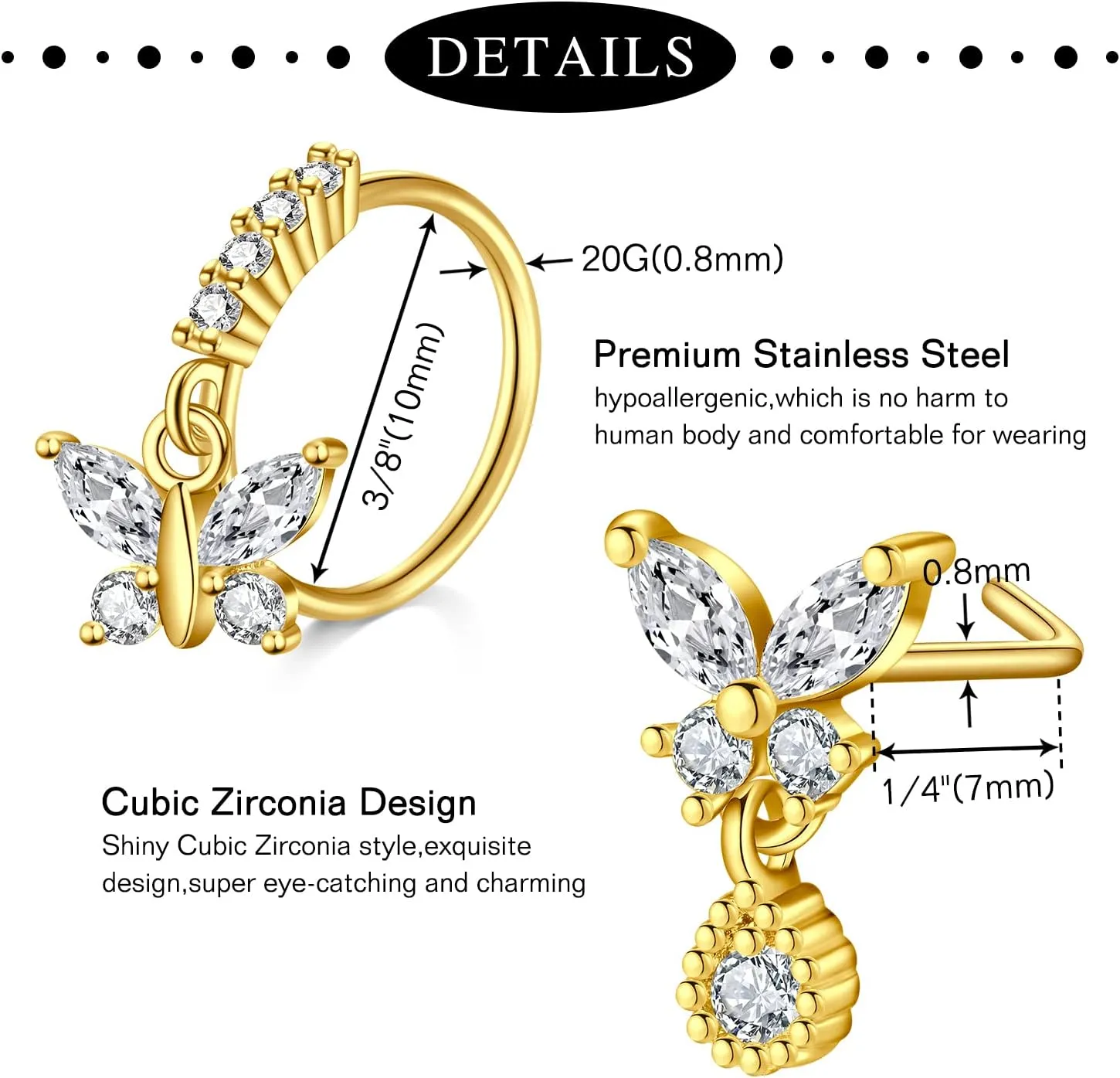 Anicina 20g 22g Nose Rings Studs Surgical Stainless Steel Nose Rings Hoops L Bone Screw Shape Nostril Nose Piercing Jewelry Heart Flower Moon Snake Butterfly Hypoallergenic Nose Screw for Women Men