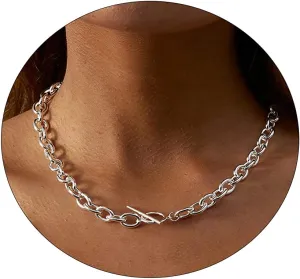 ASCOMY Dainty Gold Necklaces for Women 14K Gold Plated Paperclip Chain Necklace Simple Cute Chain Necklace Chunky Chain Toggle Necklaces Silver Necklaces for Women Everyday Jewelry Gifts for Women