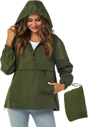 Avoogue Womens Rain Jacket with Hood,Pullover,Packable,Lightweight,Windbreaker,Waterproof,Breathable.