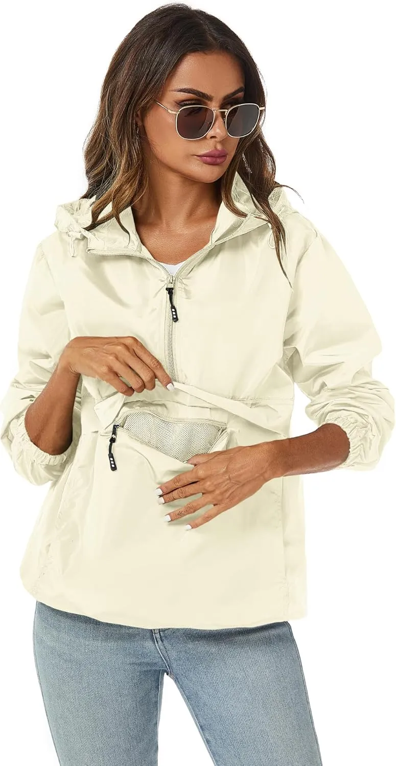 Avoogue Womens Rain Jacket with Hood,Pullover,Packable,Lightweight,Windbreaker,Waterproof,Breathable.