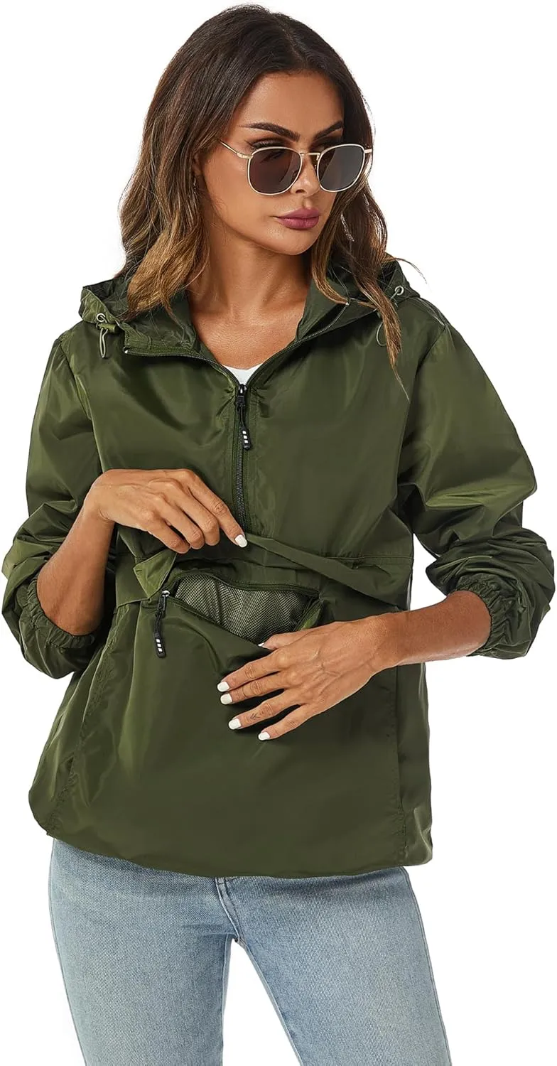 Avoogue Womens Rain Jacket with Hood,Pullover,Packable,Lightweight,Windbreaker,Waterproof,Breathable.