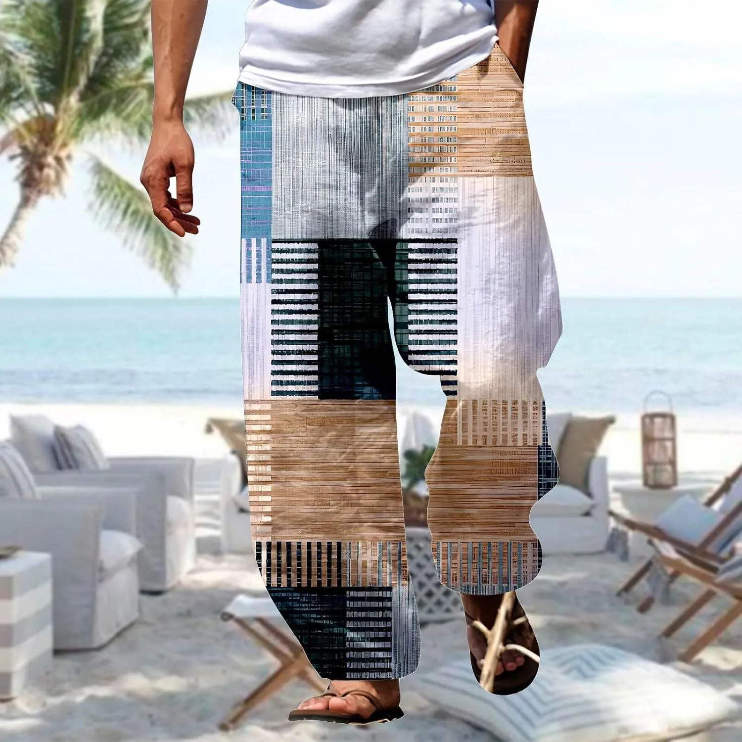 Baggy Harem Hippie Pants for Men Summer Linen Wide Leg Yoga Beach Pants Elastic Waist Casual Loose Hawaiian Trousers