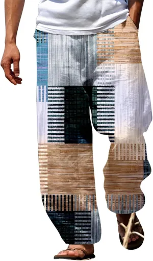 Baggy Harem Hippie Pants for Men Summer Linen Wide Leg Yoga Beach Pants Elastic Waist Casual Loose Hawaiian Trousers