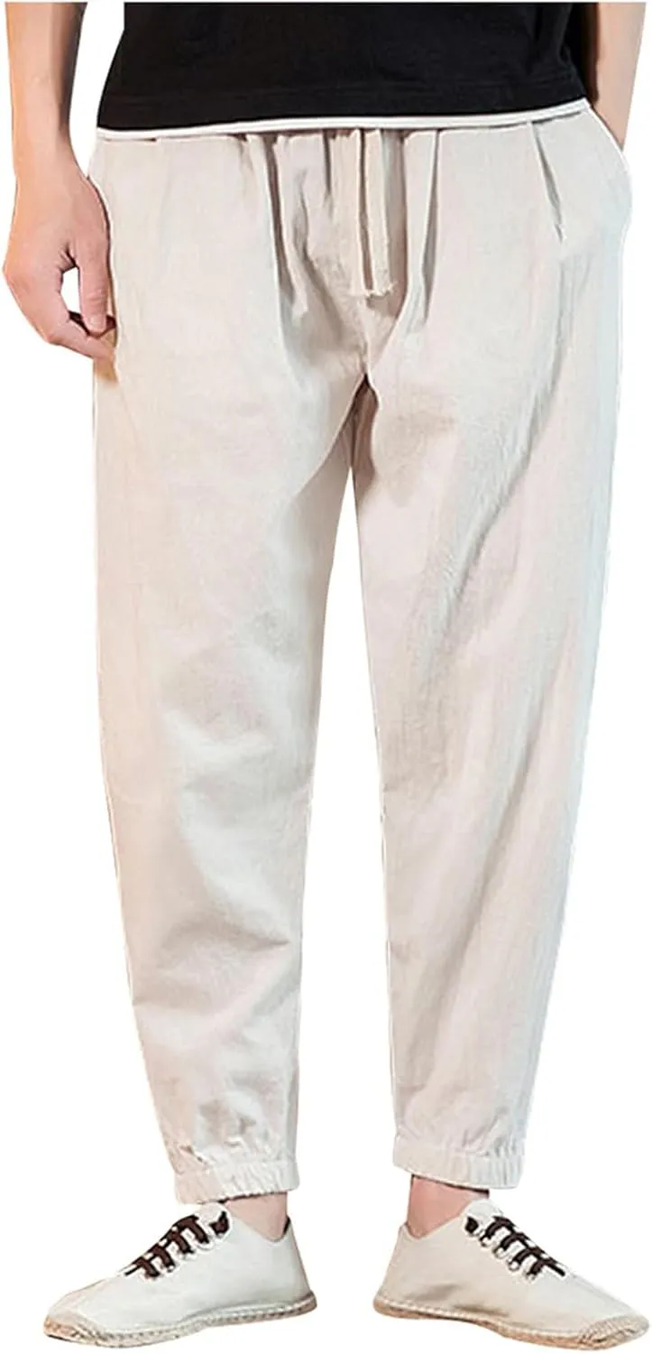 Big and Tall Linen Pants for Men Drawstring Loose Fit Joggers Elastic Waist Breathable Lounge Pants Summer Trousers