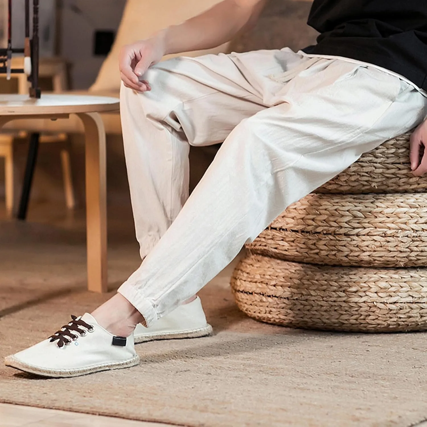Big and Tall Linen Pants for Men Drawstring Loose Fit Joggers Elastic Waist Breathable Lounge Pants Summer Trousers