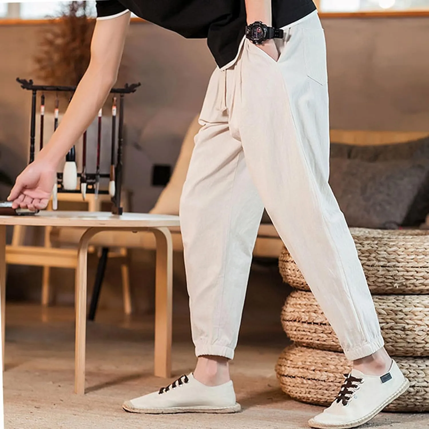 Big and Tall Linen Pants for Men Drawstring Loose Fit Joggers Elastic Waist Breathable Lounge Pants Summer Trousers