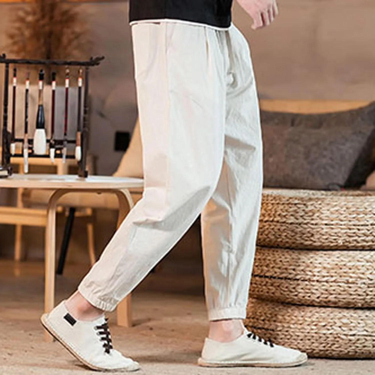 Big and Tall Linen Pants for Men Drawstring Loose Fit Joggers Elastic Waist Breathable Lounge Pants Summer Trousers