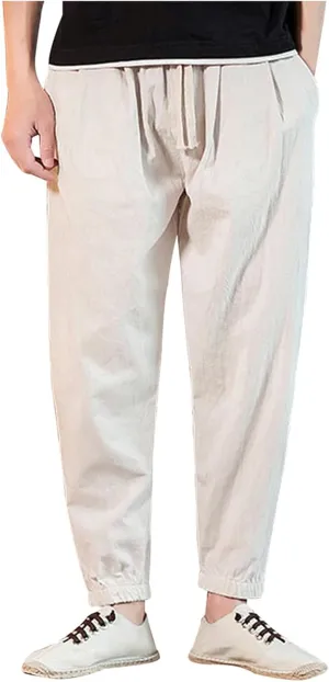 Big and Tall Linen Pants for Men Drawstring Loose Fit Joggers Elastic Waist Breathable Lounge Pants Summer Trousers