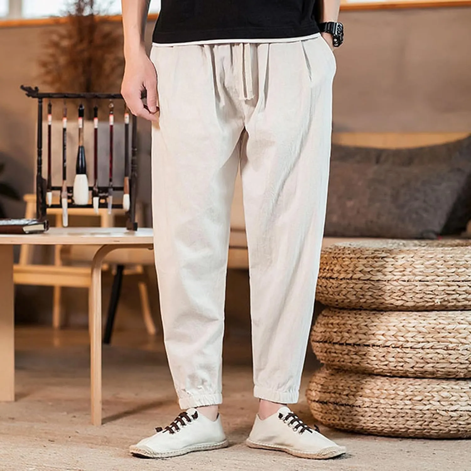 Big and Tall Linen Pants for Men Drawstring Loose Fit Joggers Elastic Waist Breathable Lounge Pants Summer Trousers