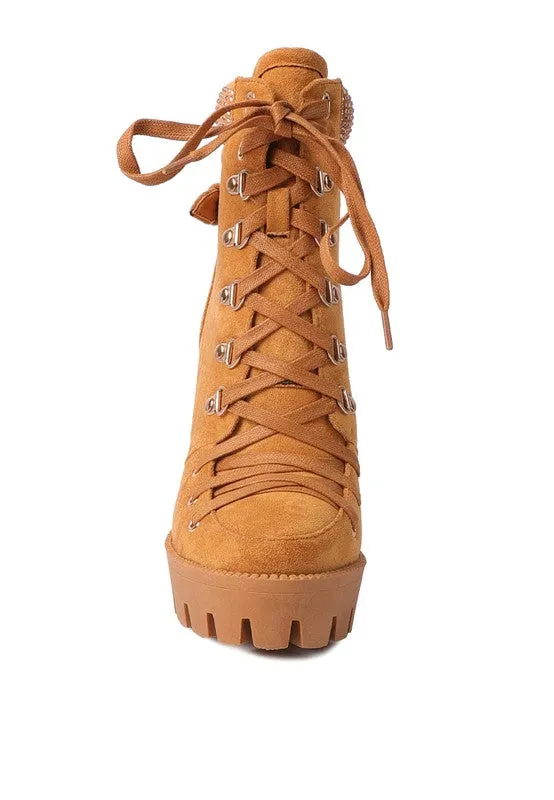 Birch Diamante Set Block Heeled Ankle Biker Bootie