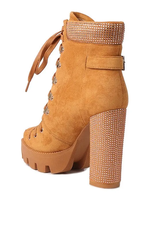 Birch Diamante Set Block Heeled Ankle Biker Bootie