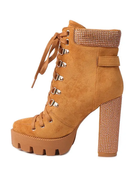 Birch Diamante Set Block Heeled Ankle Biker Bootie