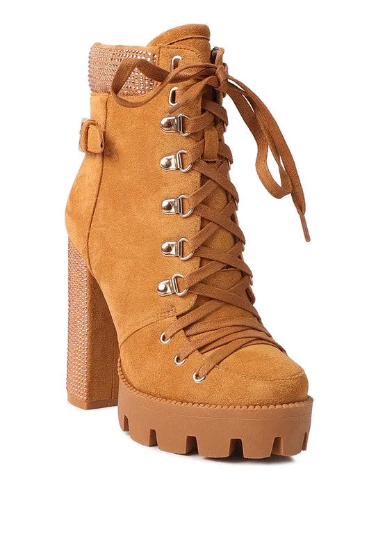 Birch Diamante Set Block Heeled Ankle Biker Bootie
