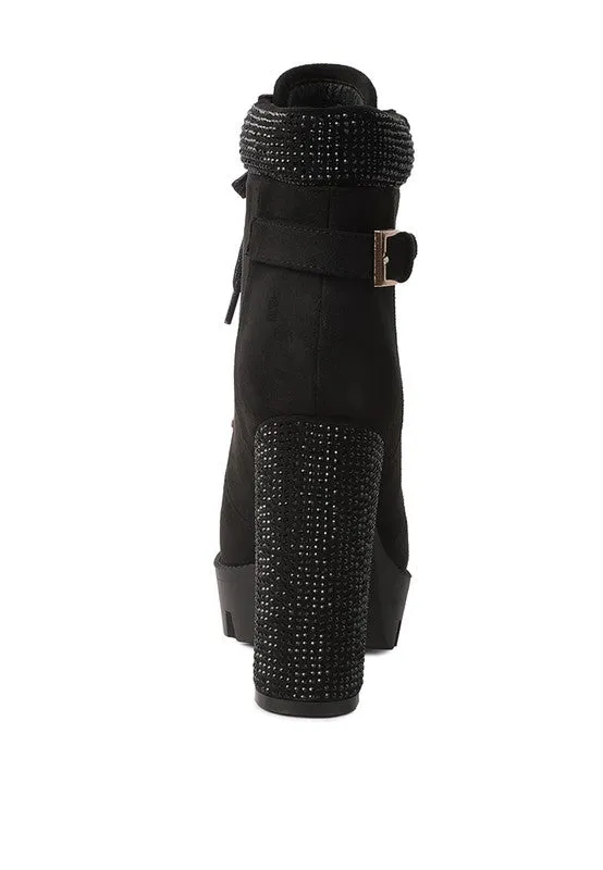 Birch Diamante Set Block Heeled Ankle Biker Bootie