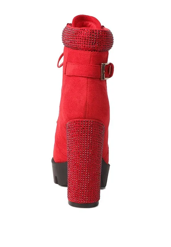 Birch Diamante Set Block Heeled Ankle Biker Bootie