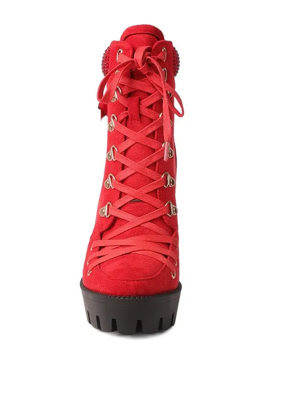 Birch Diamante Set Block Heeled Ankle Biker Bootie