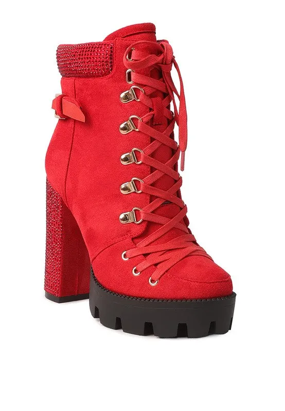 Birch Diamante Set Block Heeled Ankle Biker Bootie