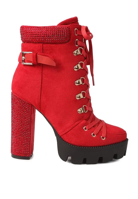 Birch Diamante Set Block Heeled Ankle Biker Bootie