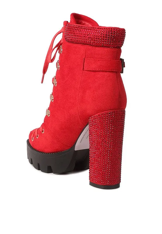 Birch Diamante Set Block Heeled Ankle Biker Bootie