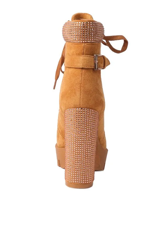 Birch Diamante Set Block Heeled Ankle Biker Bootie