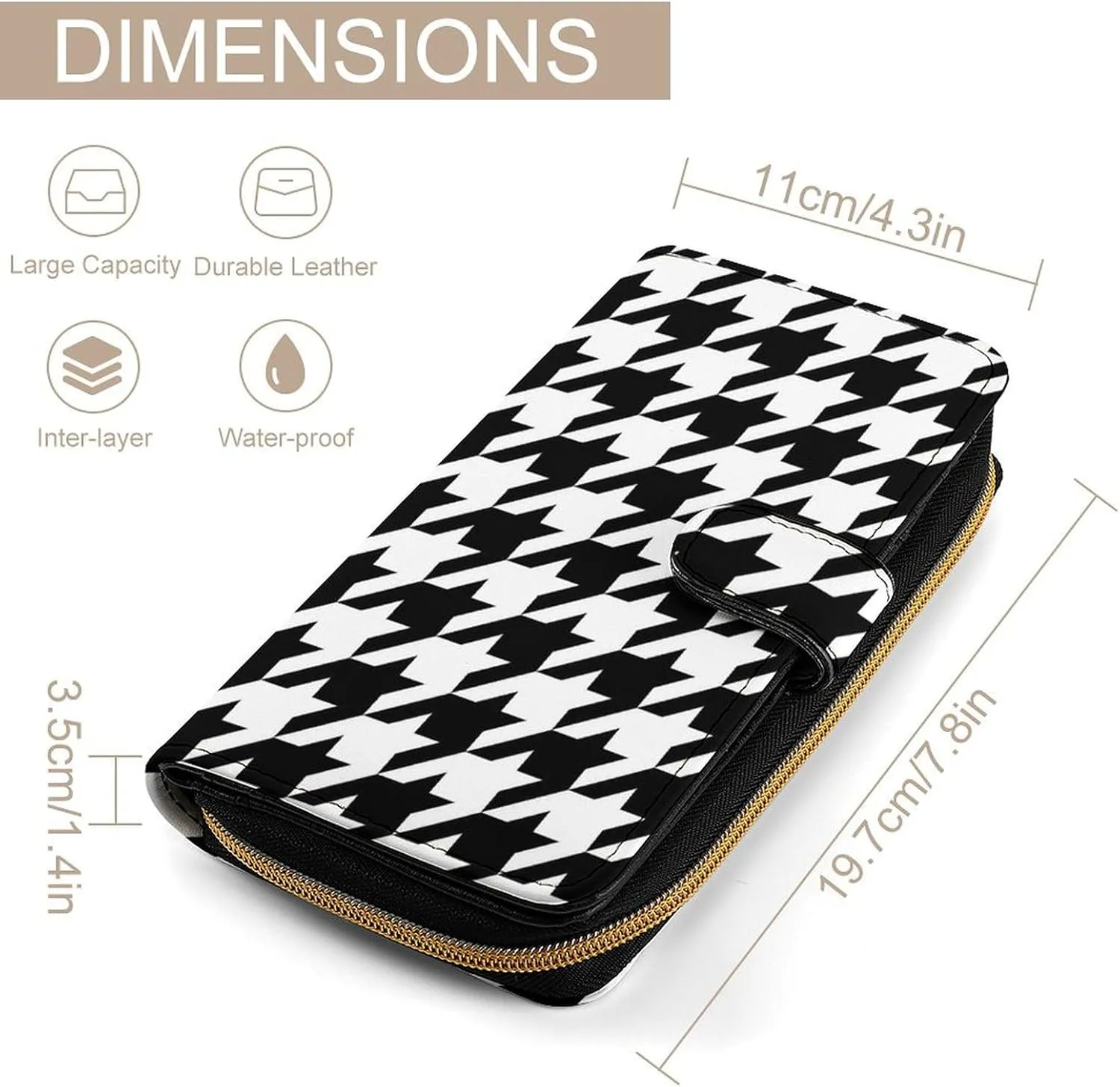 Black And White Houndstooth Wallets for Women, Fashion PU Leather Long Clutch Purse, Large Capacity Waterproof Travel Handbag Card Holder Organizer Wallets