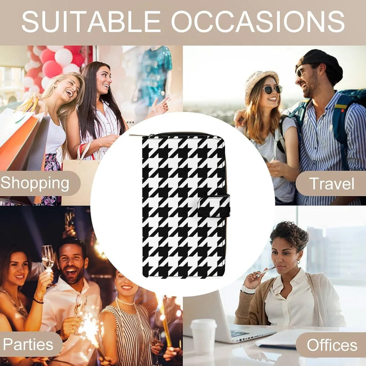 Black And White Houndstooth Wallets for Women, Fashion PU Leather Long Clutch Purse, Large Capacity Waterproof Travel Handbag Card Holder Organizer Wallets