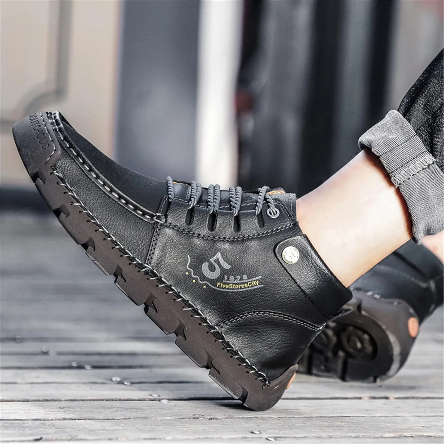 Black Lace up Booties British Boots for Men Fashion High-Top Leather Motorcycle Walking Slip on Shoe Outdoor Shoes