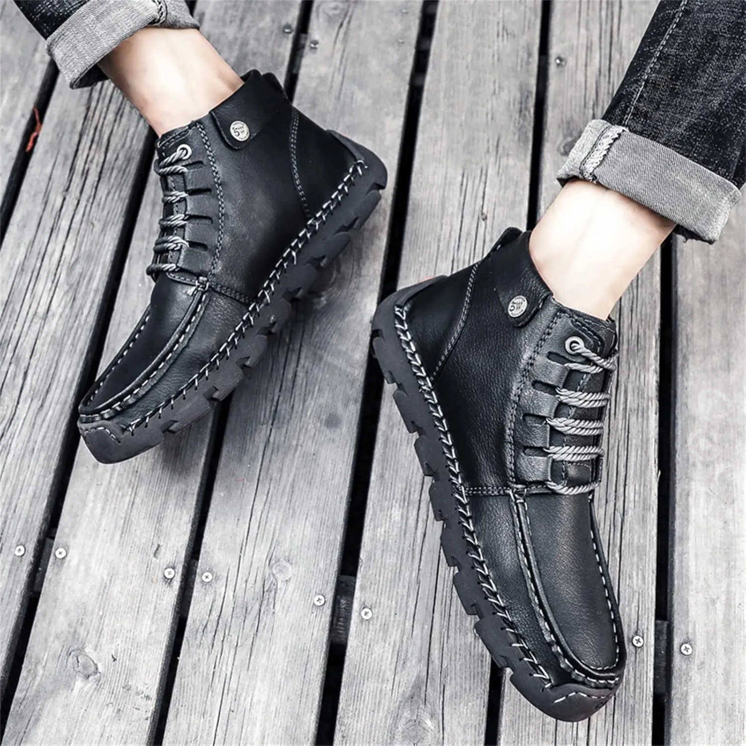Black Lace up Booties British Boots for Men Fashion High-Top Leather Motorcycle Walking Slip on Shoe Outdoor Shoes