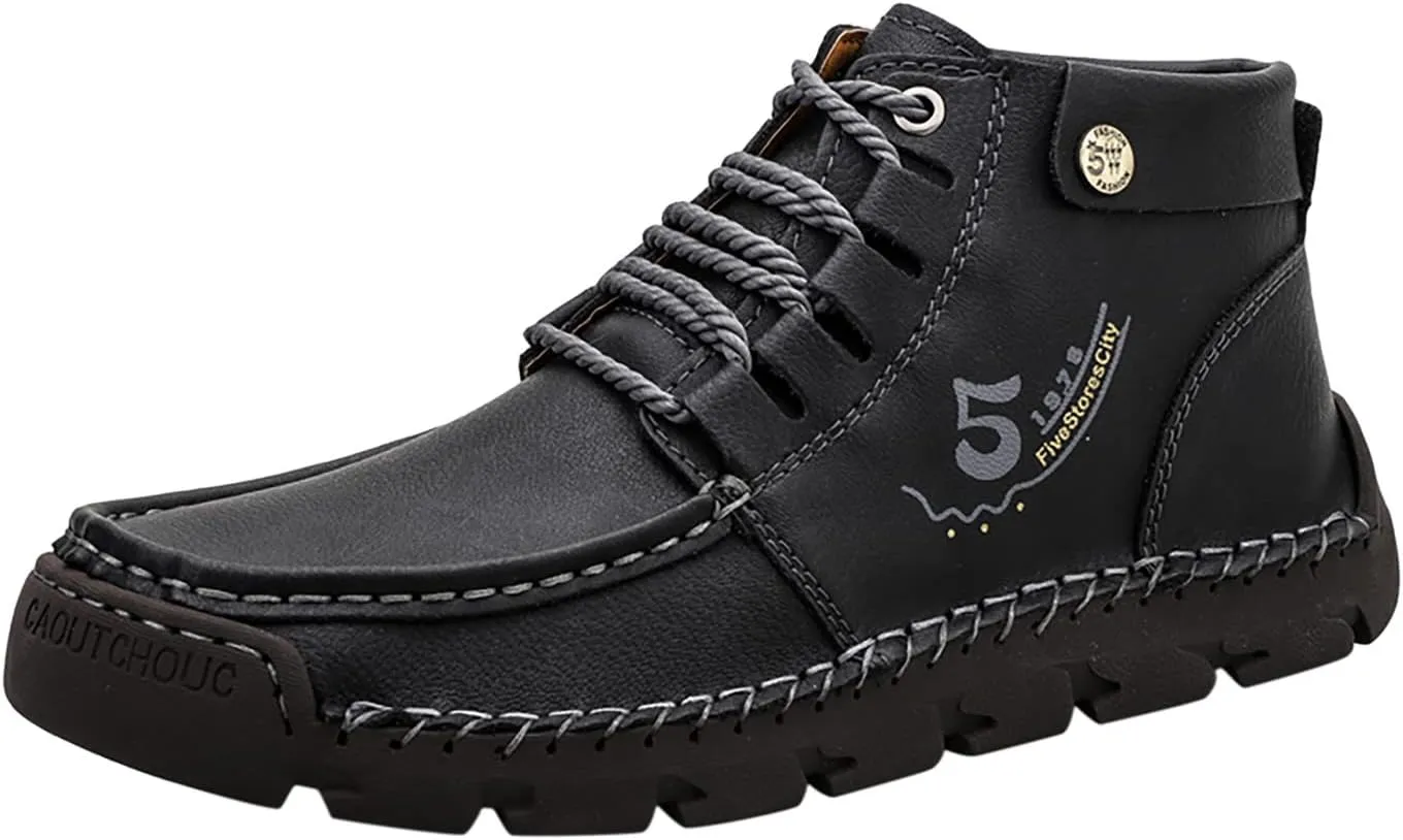Black Lace up Booties British Boots for Men Fashion High-Top Leather Motorcycle Walking Slip on Shoe Outdoor Shoes