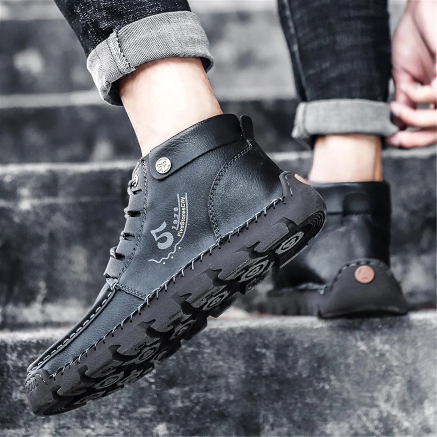 Black Lace up Booties British Boots for Men Fashion High-Top Leather Motorcycle Walking Slip on Shoe Outdoor Shoes