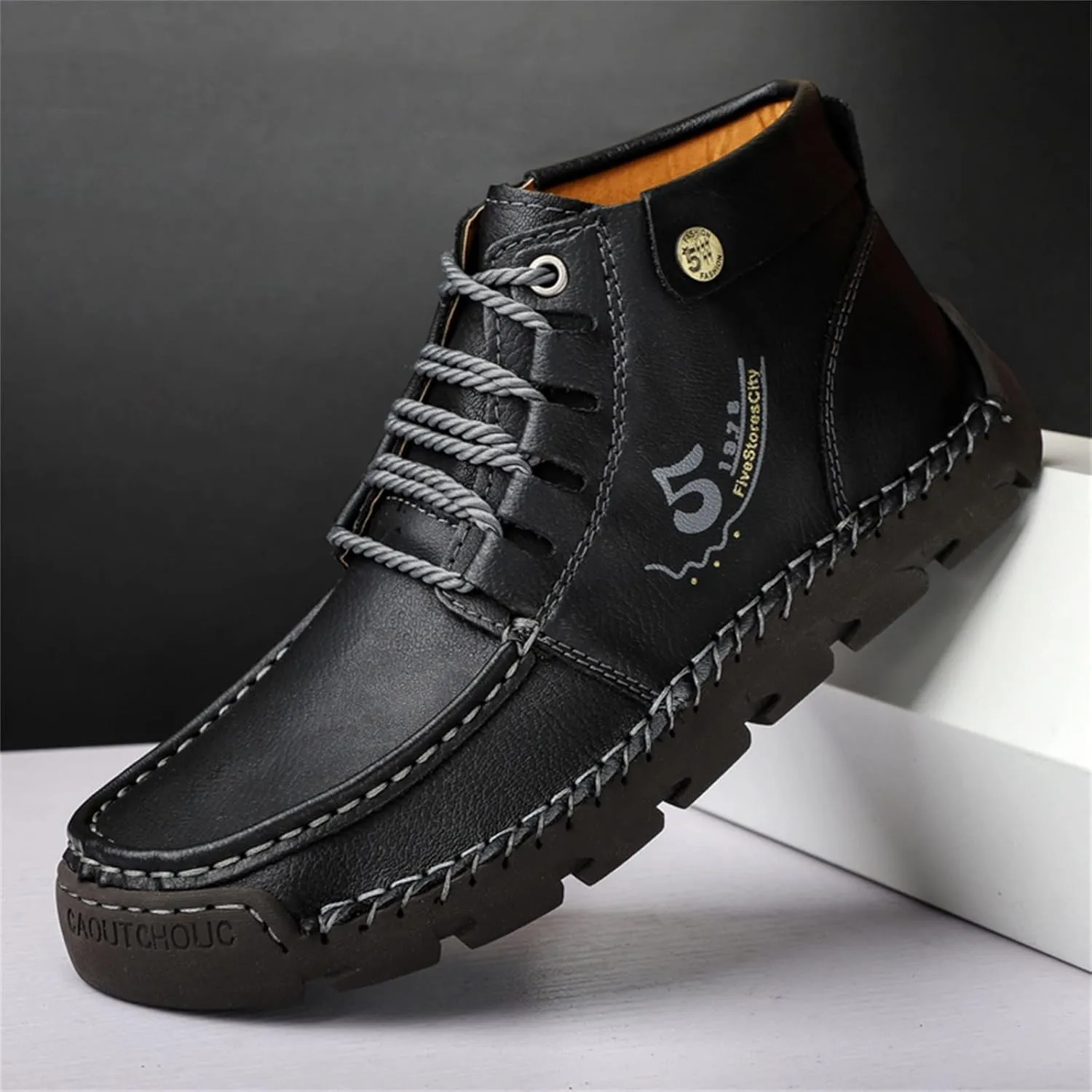 Black Lace up Booties British Boots for Men Fashion High-Top Leather Motorcycle Walking Slip on Shoe Outdoor Shoes