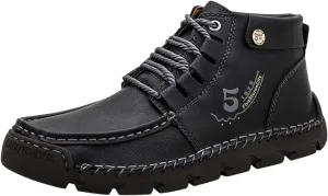 Black Lace up Booties British Boots for Men Fashion High-Top Leather Motorcycle Walking Slip on Shoe Outdoor Shoes