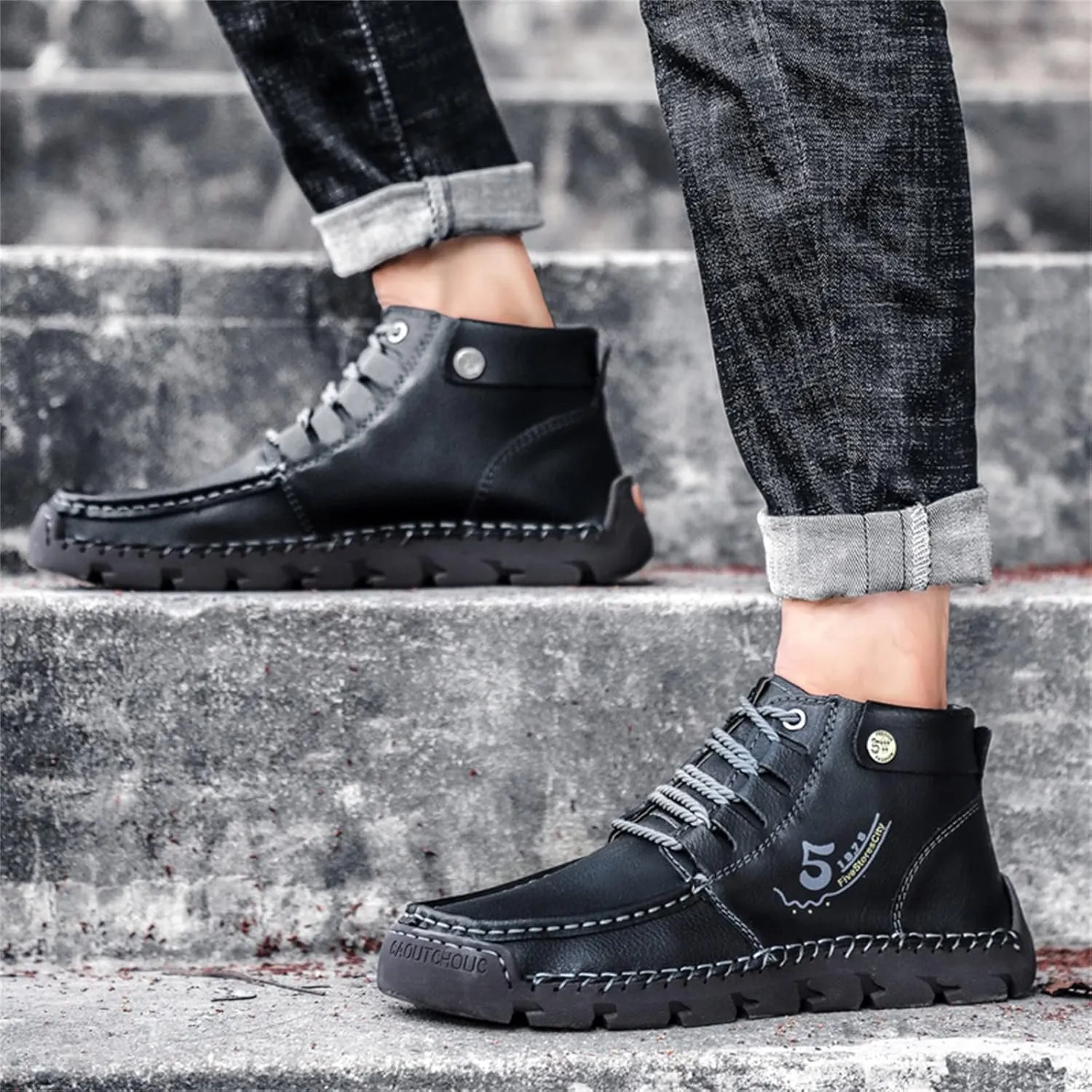 Black Lace up Booties British Boots for Men Fashion High-Top Leather Motorcycle Walking Slip on Shoe Outdoor Shoes