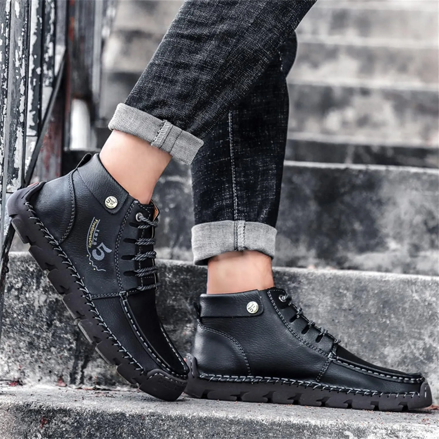 Black Lace up Booties British Boots for Men Fashion High-Top Leather Motorcycle Walking Slip on Shoe Outdoor Shoes