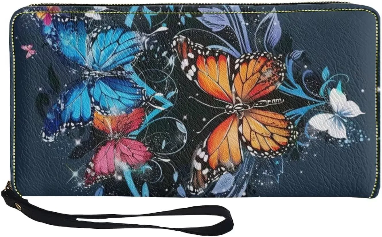 Blue Butterfly Print Women Long Wallets Zipper Clutch Purse Wristlet Wallet Card Holder Lady Wallets
