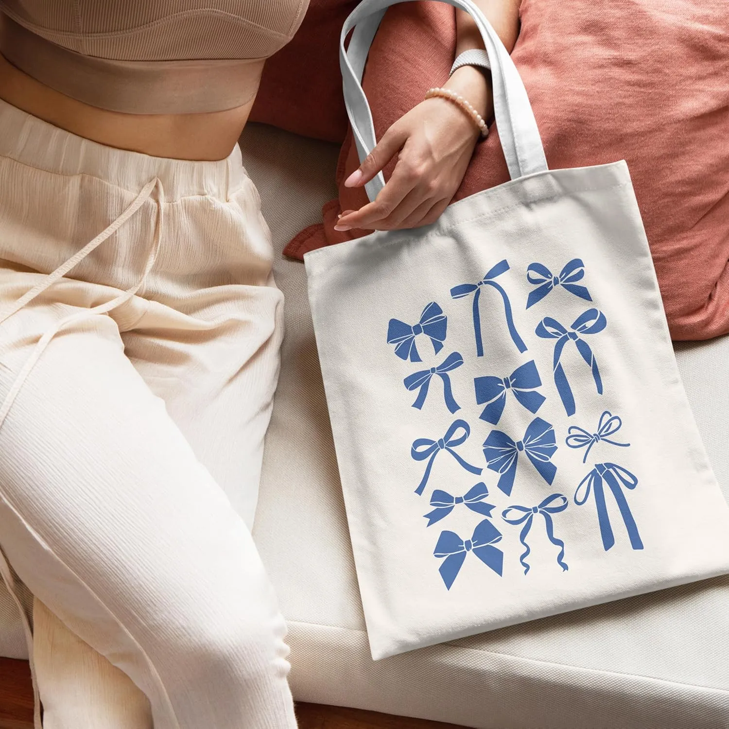Blue Full Bow Preppy Tote Aesthetic,Coquette Preppy Trendy Gifts for Women,Reusable Grocery Bags Shopping Bags