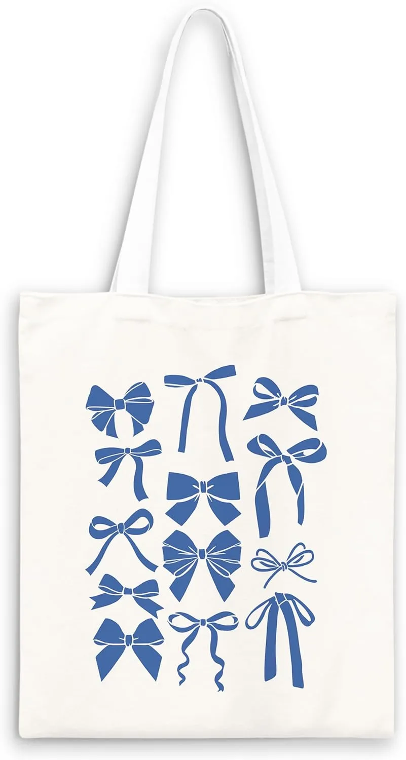 Blue Full Bow Preppy Tote Aesthetic,Coquette Preppy Trendy Gifts for Women,Reusable Grocery Bags Shopping Bags
