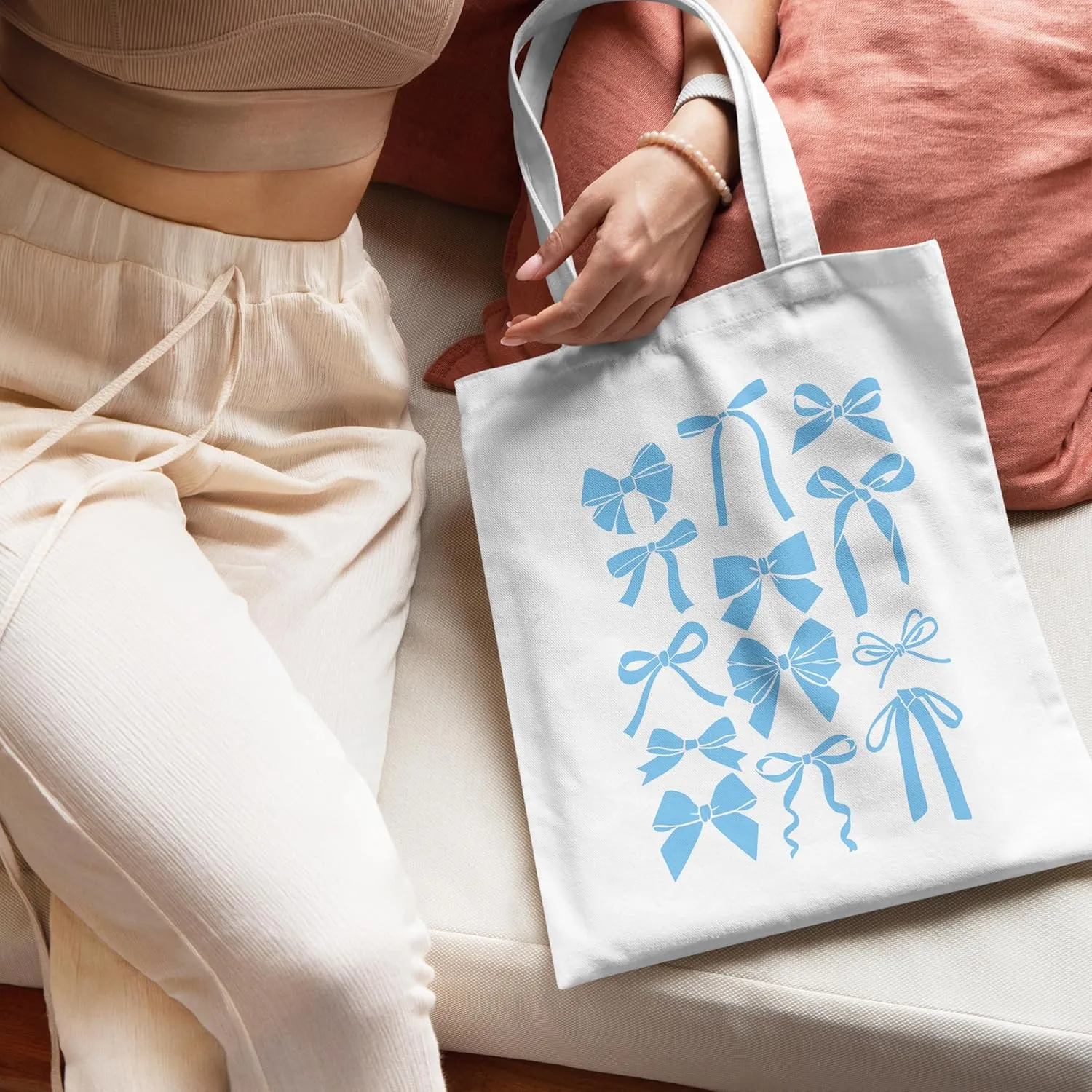 Blue Full Bow Preppy Tote Aesthetic,Coquette Preppy Trendy Gifts for Women,Reusable Grocery Bags Shopping Bags