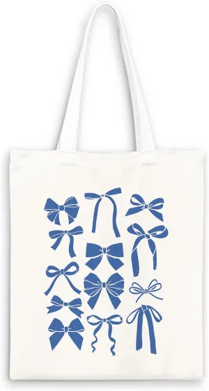 Blue Full Bow Preppy Tote Aesthetic,Coquette Preppy Trendy Gifts for Women,Reusable Grocery Bags Shopping Bags