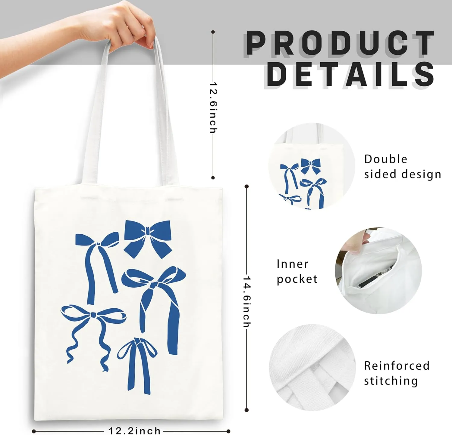 Blue Full Bow Preppy Tote Aesthetic,Coquette Preppy Trendy Gifts for Women,Reusable Grocery Bags Shopping Bags