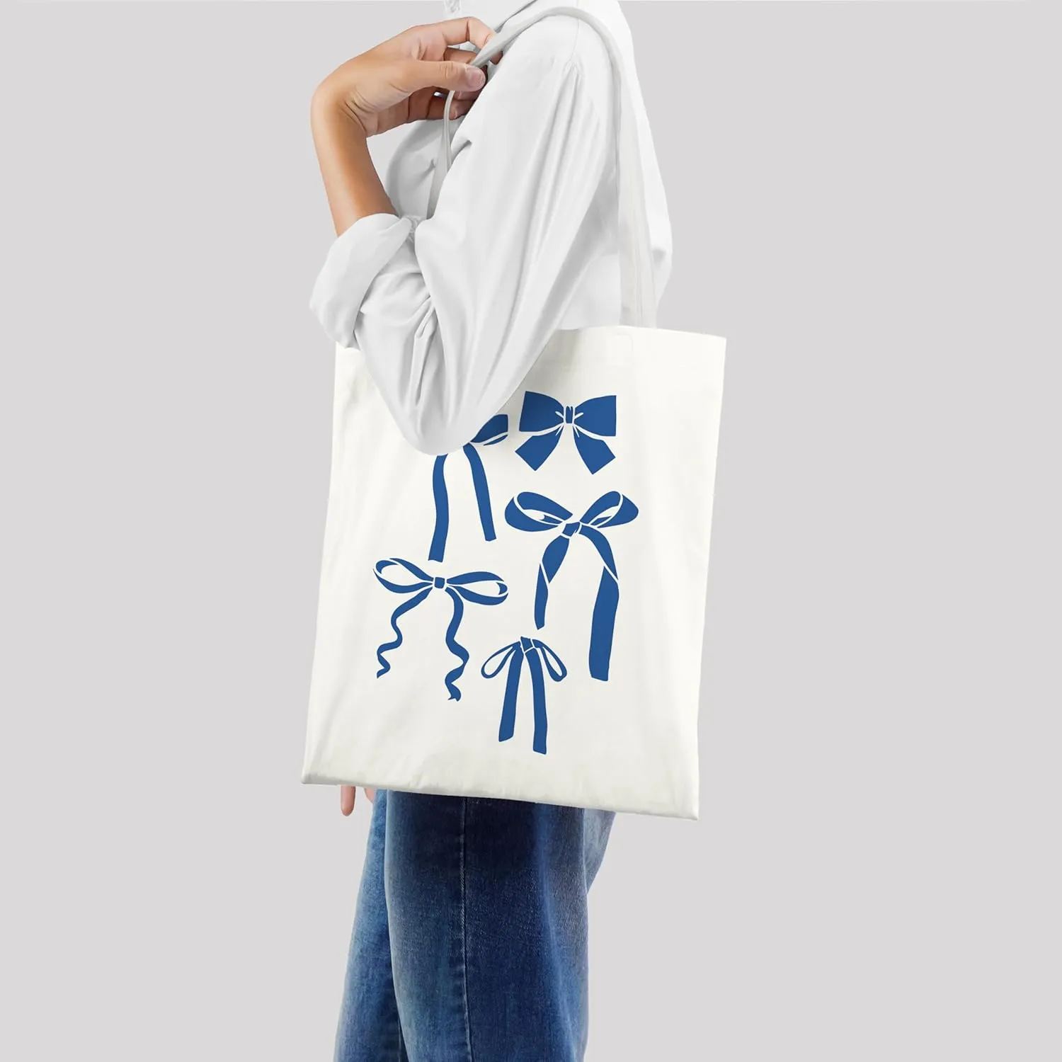 Blue Full Bow Preppy Tote Aesthetic,Coquette Preppy Trendy Gifts for Women,Reusable Grocery Bags Shopping Bags