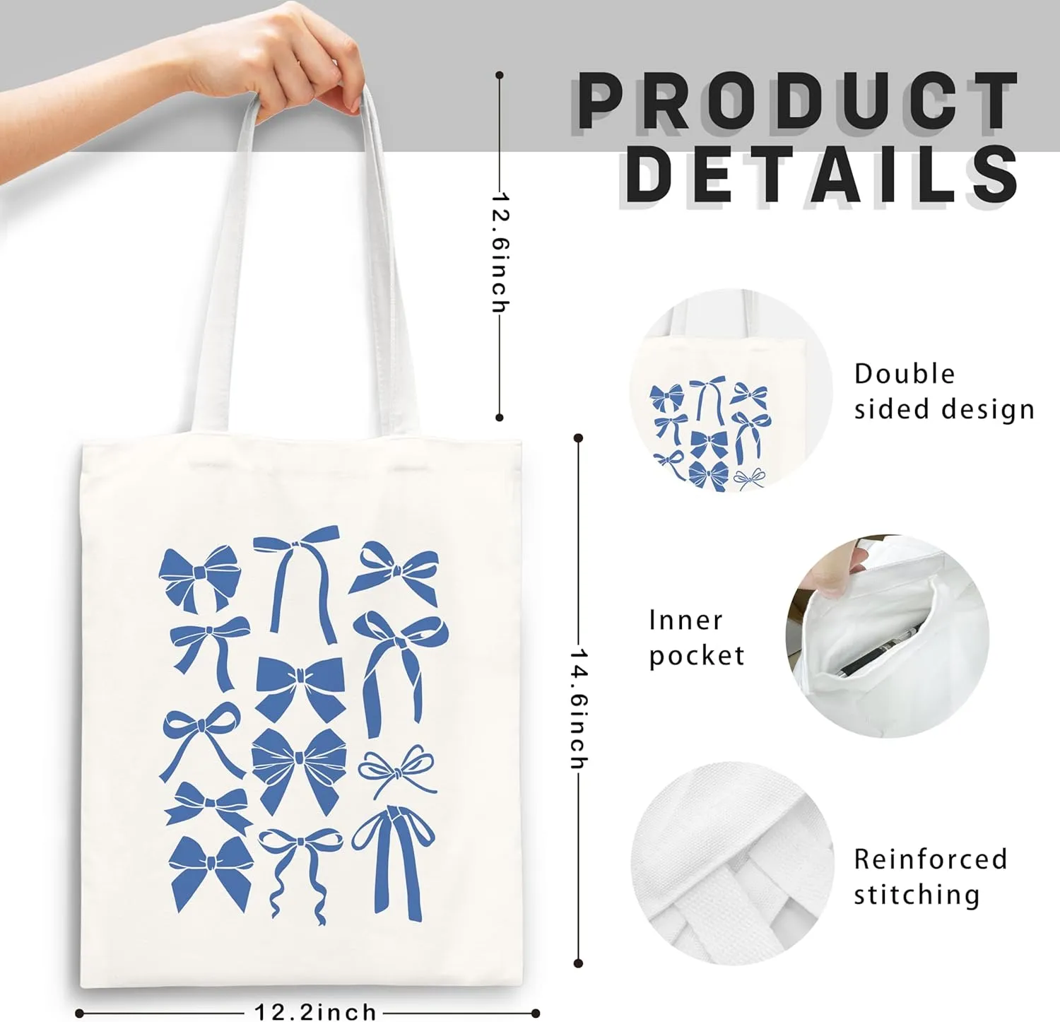 Blue Full Bow Preppy Tote Aesthetic,Coquette Preppy Trendy Gifts for Women,Reusable Grocery Bags Shopping Bags