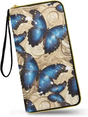 Blue Morpho Butterfly Wallets for Women Khaki Long Trifold Clutch Wallets, Retro Butterflies Large Capacity Purse with Credit Card Slots