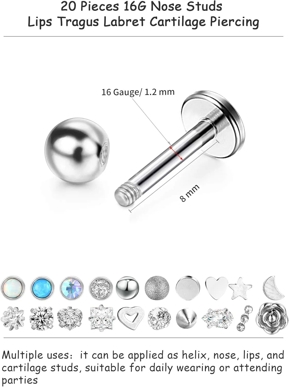 Blulu 20 Pcs 16g Stainless Steel Nose Studs Straight Nose Rings Body Piercing Jewelry 20 Styles for Women Men