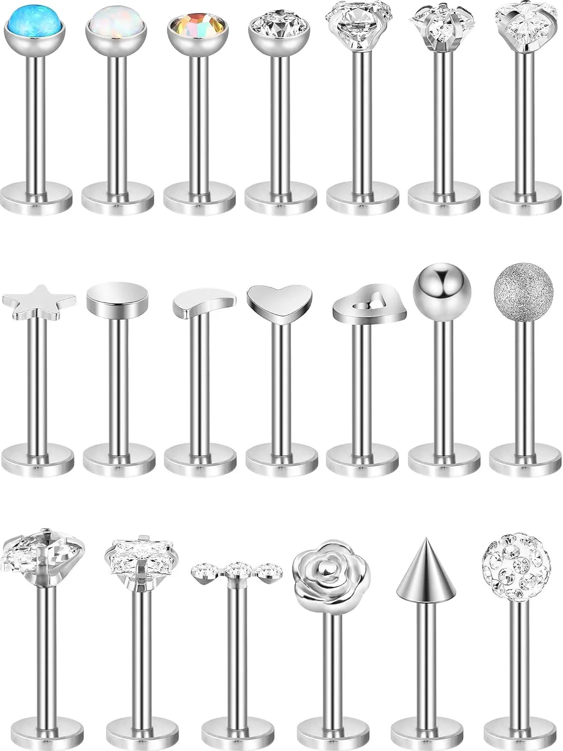 Blulu 20 Pcs 16g Stainless Steel Nose Studs Straight Nose Rings Body Piercing Jewelry 20 Styles for Women Men