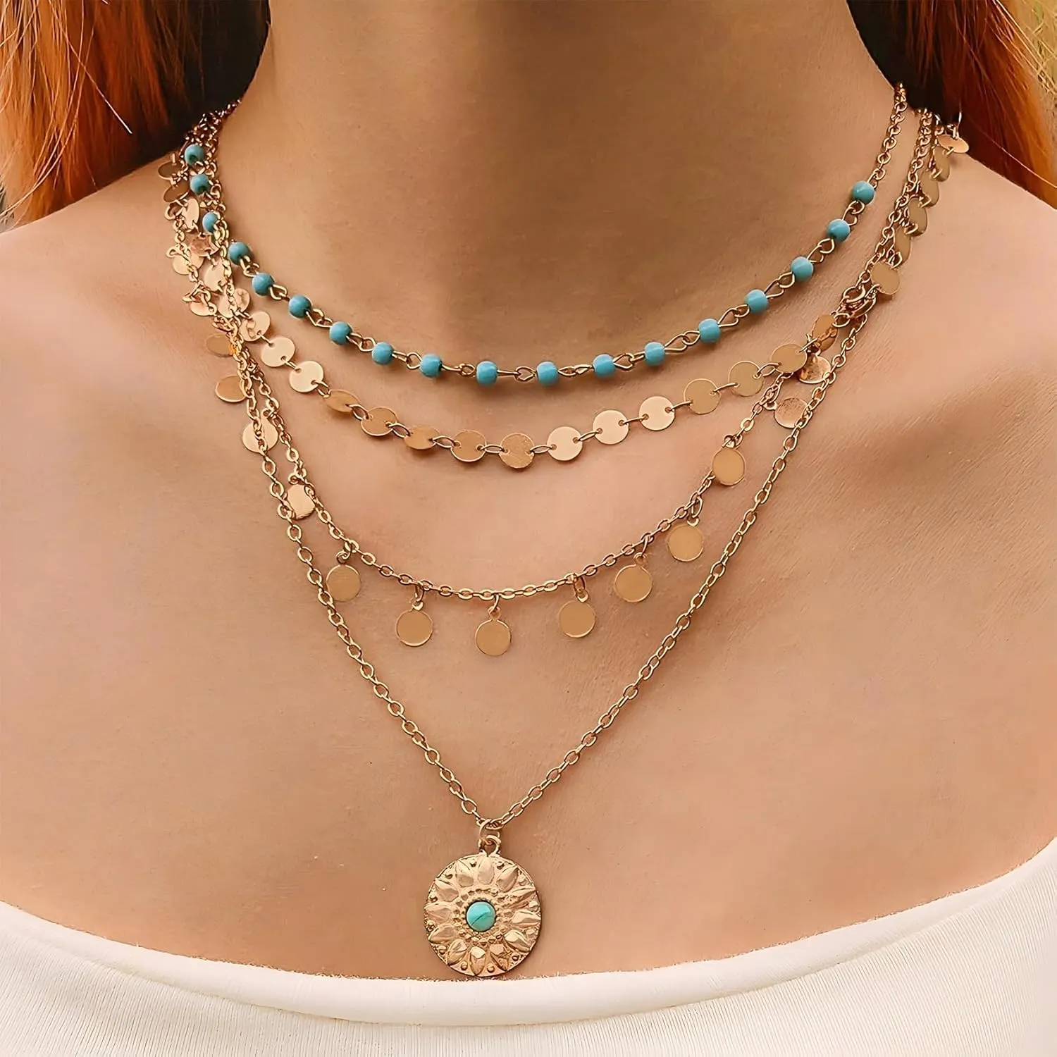 Boho Necklaces for Women Layered Turquoise Beaded Western Necklaces Vintage Bohemian Coin Pendant Country Beach Jewelry Accessories