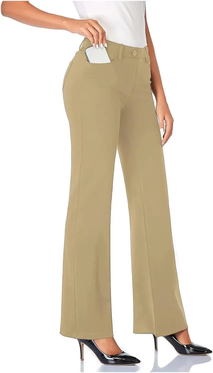Bootcut Dress Pants Women Stretchy Work Business Office Casual Pull On Elastic Waist Trousers Slacks with Pockets