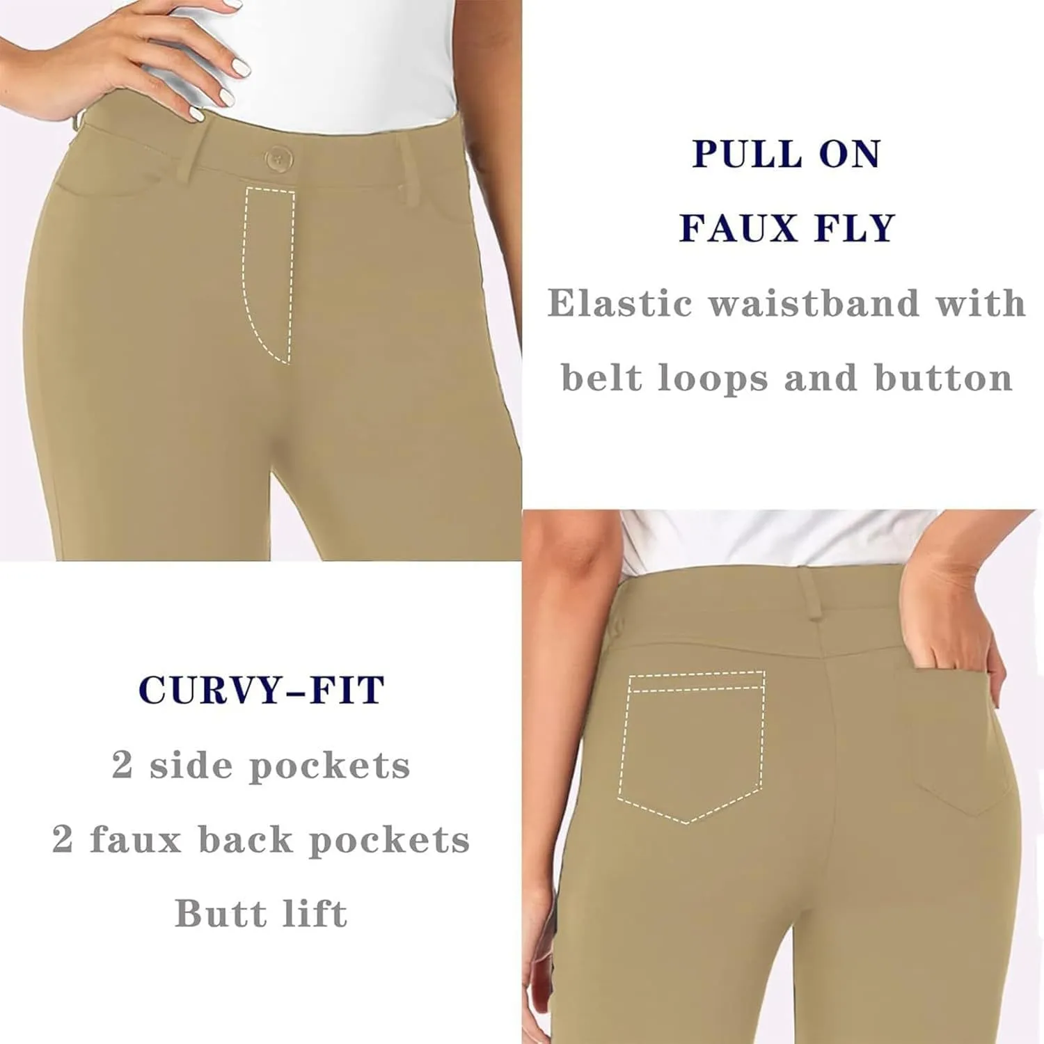 Bootcut Dress Pants Women Stretchy Work Business Office Casual Pull On Elastic Waist Trousers Slacks with Pockets