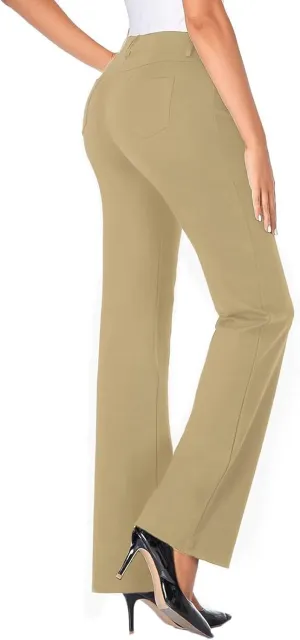 Bootcut Dress Pants Women Stretchy Work Business Office Casual Pull On Elastic Waist Trousers Slacks with Pockets